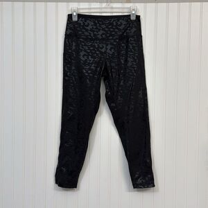 Black Shiny Leopard Print Pattern Ankle Length Leggings Women's L Athleisure